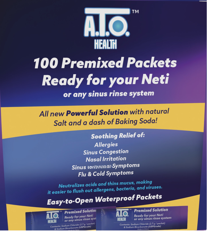 ATO Health Sinus Rinse box front view - nasal irrigation packets for neti pot with enhanced baking soda formula